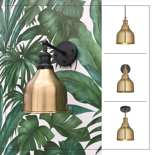 Brass industrial lights with leaf print wallpaper