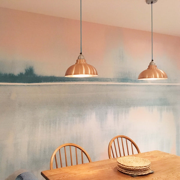 Ombre dining room wall with vintage lights