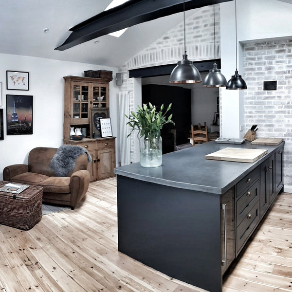 Open plan dark kitchen interior