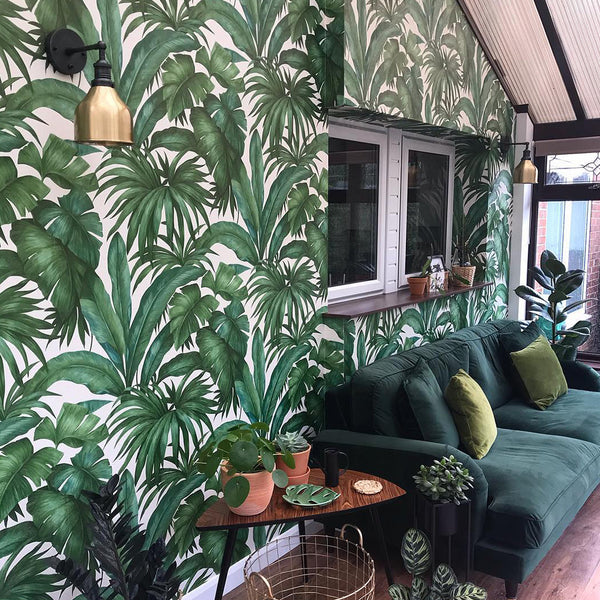 Conservatory with vintage floral wallpaper