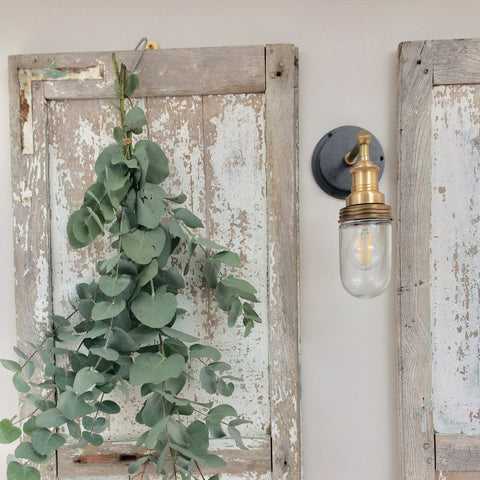 A brass wall light by Industville alongside an old door and plants