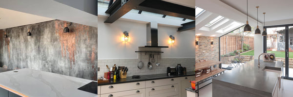 Montage of kitchen styles with industrial lighting