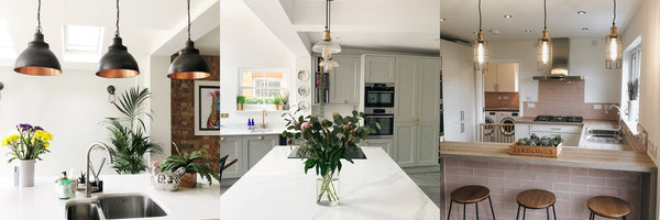 Montage of kitchens with industrial style lighting