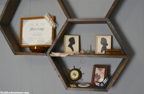 vintage shelf with picture frames