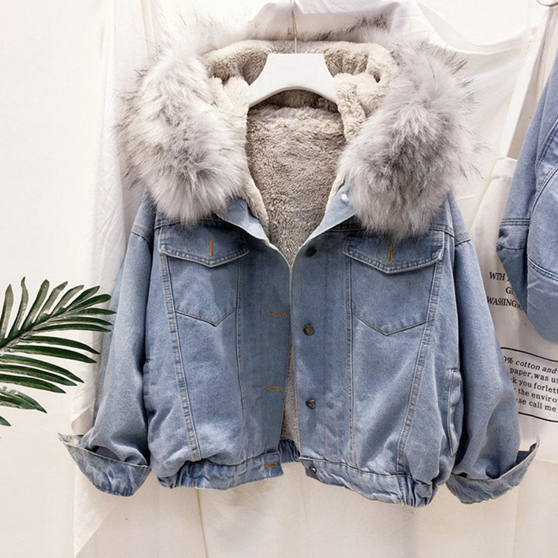 fur hooded denim jacket