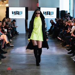 Model Queen Lachiefa in Jevon Terance and Bunny Paige on the runway at NYFW