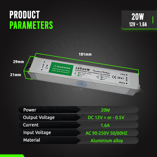 IP67 Waterproof DC 12V 20W LED Driver LED Power Supply Transformer ~ 3362