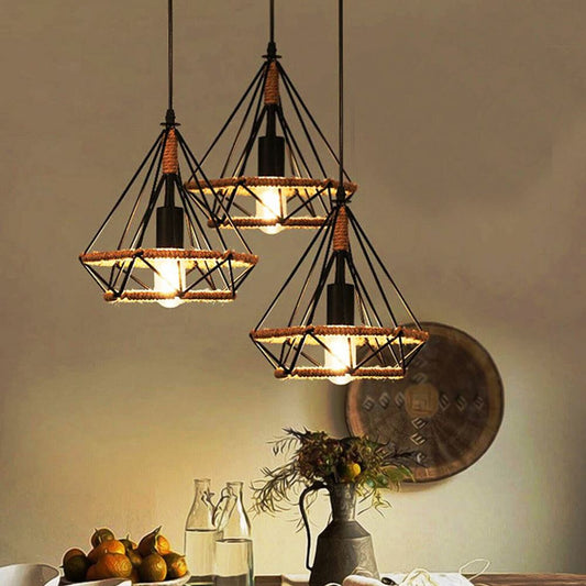 Industrial Retro Black Hemp Loft 3 Cluster Pendant Light