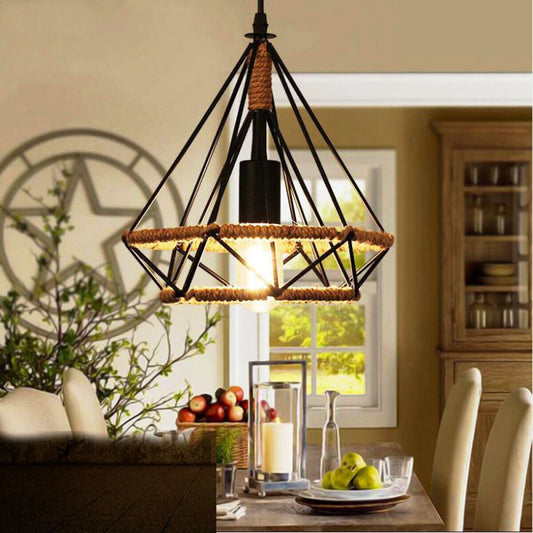 Industrial Retro Black Hemp Loft 3 Cluster Pendant Light