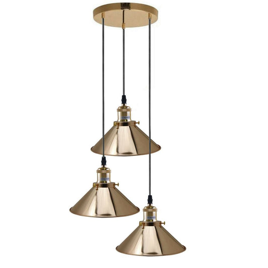 French Gold 3 Head Vintage Industrial Retro Loft Style Metal Ceiling Lampshade~1607 - LEDSone UK Ltd