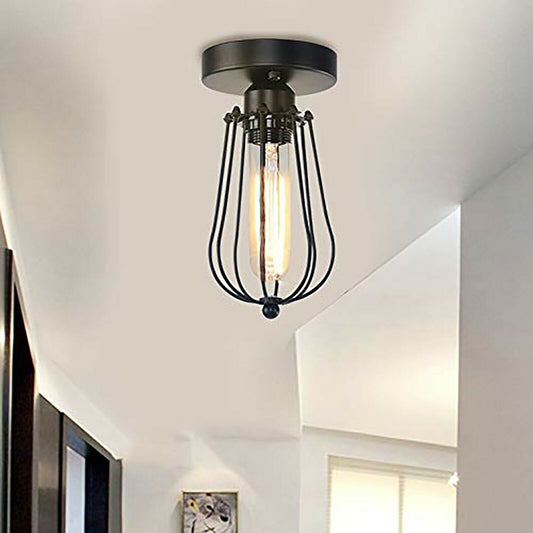 Vintage Hallway Ceiling Light, Black Semi-Flush Mount Basket Cage Bedroom Living Room~2142 - LEDSone UK Ltd