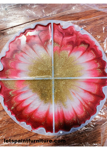 resin geode coaster mold with resin pink and gold agate