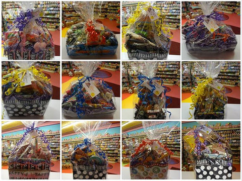 a grid of 12 different gift baskets