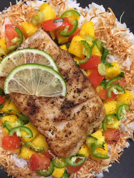Pan Seared Sablefish with Mango Salsa and Toasted Coconut Rice – Sizzlefish