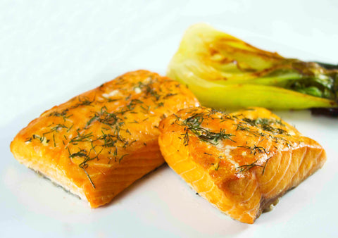 Grilled salmon with baby bok choy