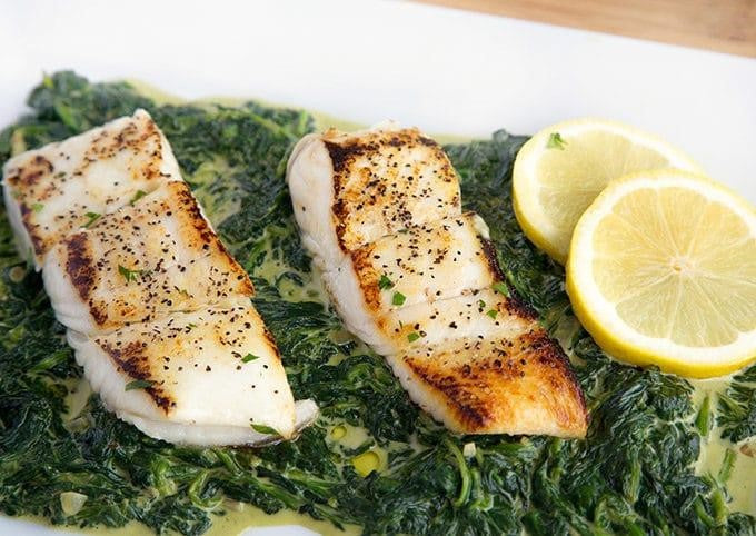 Pan Seared Halibut With Creamed Spinach