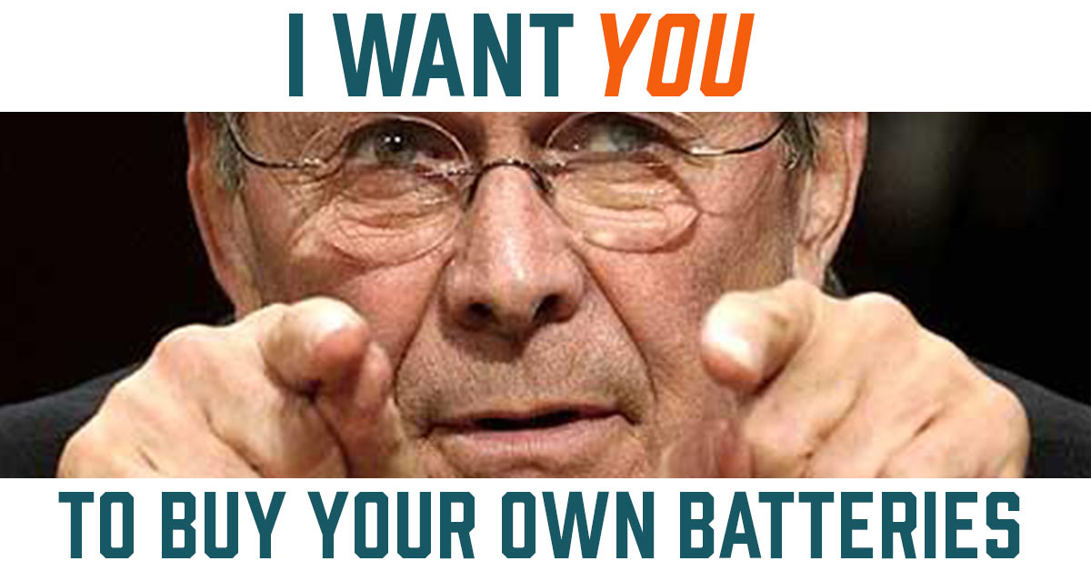 Donald Rumsfeld Iraq War 'I want YOU to buy your own batteries'