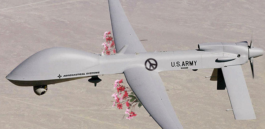 Army warrior alpha UAV flying armed with bouqets of flowers