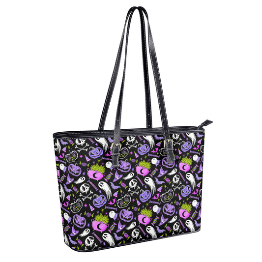 Trick or Treat Purple, Orchid, Chartreuse Faux Leather Tote Bag