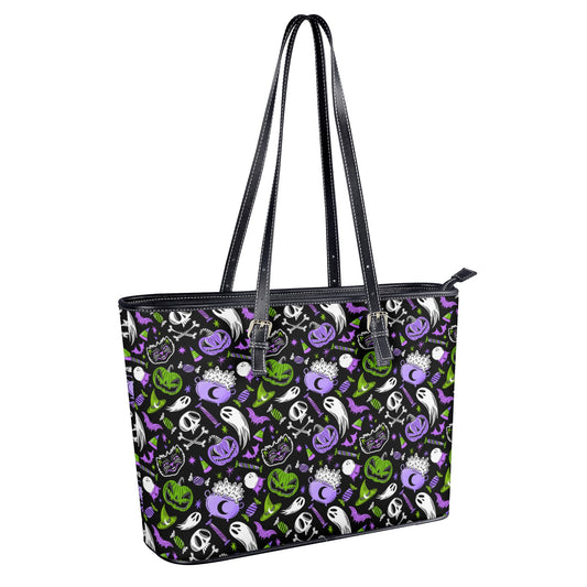 Trick or Treat Purple, Green Faux Leather Tote Bag