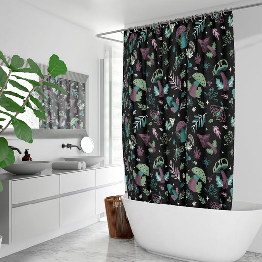 Midnight Mushrooms 2022 Mint Mauve Teal Mushroomcore Cottagecore Witchy Shower Curtain