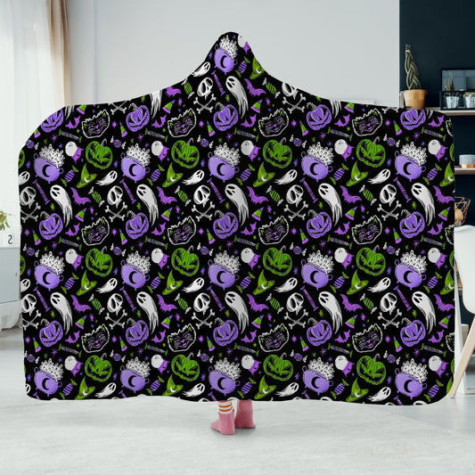 Trick or Treat 2023 Purple Orchid Green Hooded Blanket