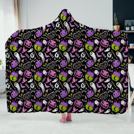 Trick or Treat 2023 Pink Orchid Chartreuse Hooded Blanket