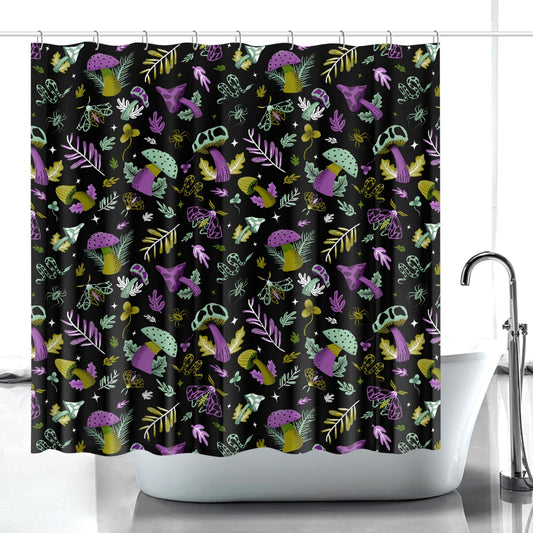 Midnight Mushrooms 2022 Chartreuse Mint Mauve Mushroomcore Cottagecore Witchy Shower Curtain