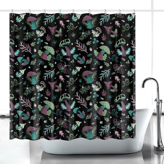 Midnight Mushrooms 2022 Mint Mauve Teal Mushroomcore Cottagecore Witchy Shower Curtain