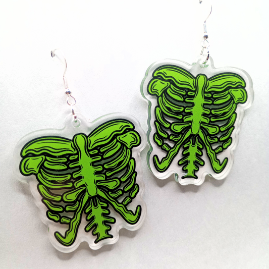 Green Ribcage Spooky Halloween Acrylic Earrings