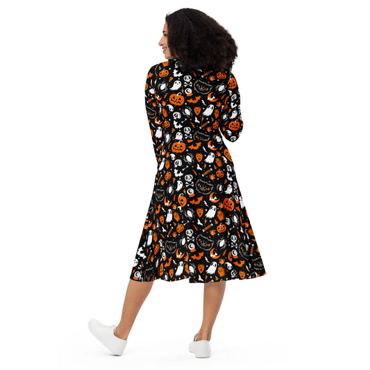Everything Spooky 2022 Black, White, Orange Halloween Long Sleeve Midi Dress with Pockets