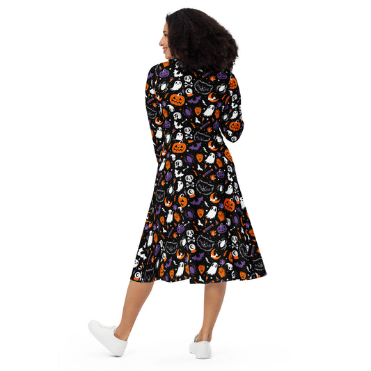 Everything Spooky 2022 Multi 2 Halloween Long Sleeve Midi Dress with Pockets