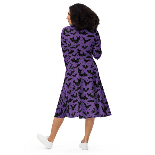 Batty Bats 2022 Purple Halloween Long Sleeve Midi Dress with Pockets