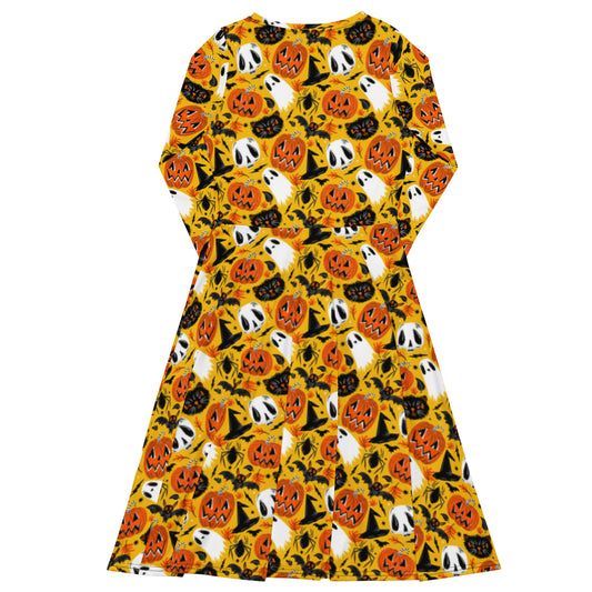 All Hallows Eve 2022 Yellow Halloween Long Sleeve Midi Dress with Pockets