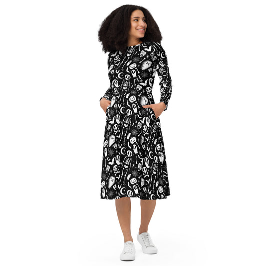 Dearly Departed Black, White Gothic Halloween Long Sleeve Midi Dress with Pockets