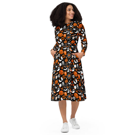 Everything Spooky 2021 Orange, Black, White Halloween Long Sleeve Midi Dress with Pockets