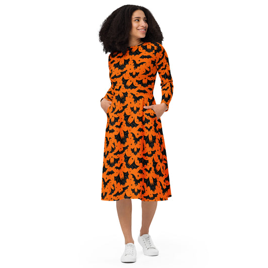 Batty Bats 2022 Orange Halloween Long Sleeve Midi Dress with Pockets