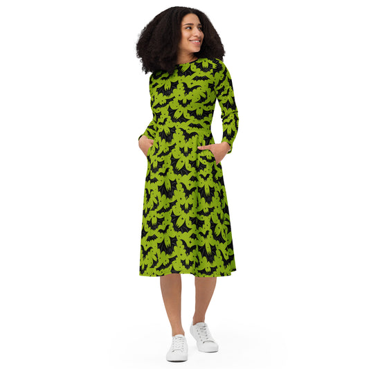 Batty Bats 2022 Chartreuse Halloween Long Sleeve Midi Dress with Pockets