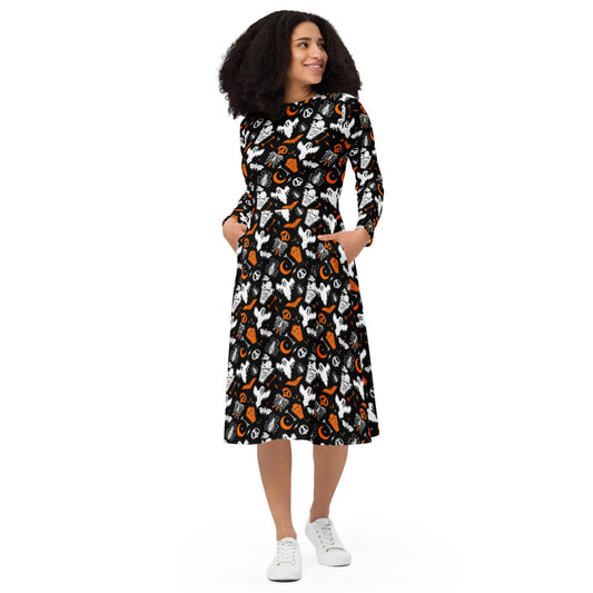Graveyard Ghouls BWO Long Sleeve Midi Dress with Pockets