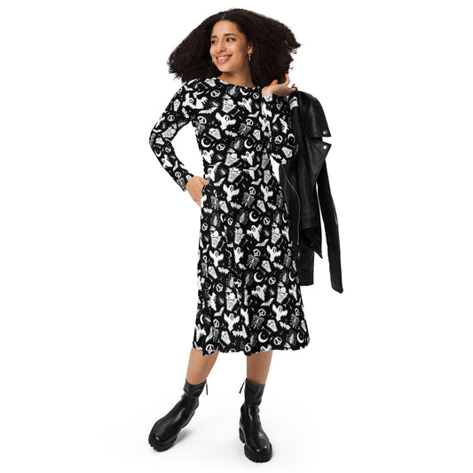 Graveyard Ghouls BW Long Sleeve Midi Dress with Pockets