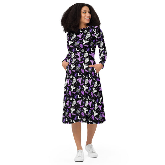 Graveyard Ghouls BWP Long Sleeve Midi Dress with Pockets