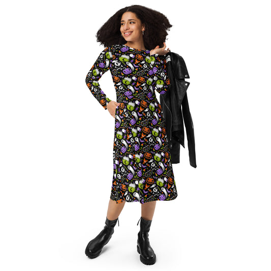 Trick or Treat 23 Orange, Chartreuse, Purple Halloween Long Sleeve Midi Dress with Pockets