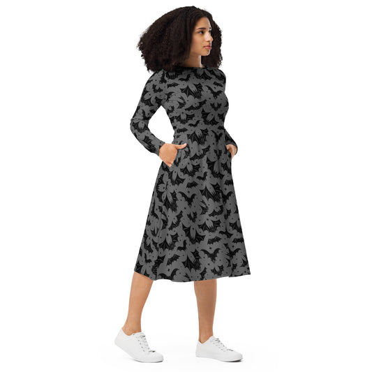 Batty Bats 2022 Gray Halloween Long Sleeve Midi Dress with Pockets