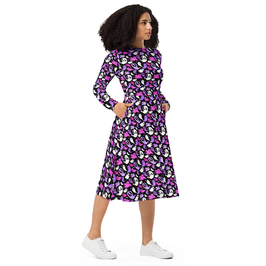 Ghosties 23 Black, White, Pink, Purple  Halloween Long Sleeve Midi Dress with Pockets