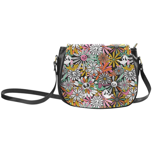 Spooky Flowers Hippie Boho Faux Leather Saddle Purse