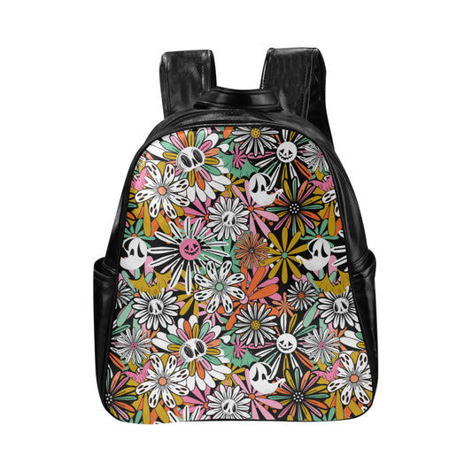 Spooky Flowers Hippie Boho Faux Leather Backpack Bag