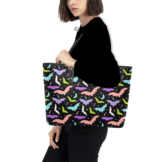 Bats and Stars Multi Color Faux Leather Tote Bag
