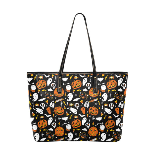 Halloween Ghouls Black, White, Orange, Yellow Faux Leather Tote Bag