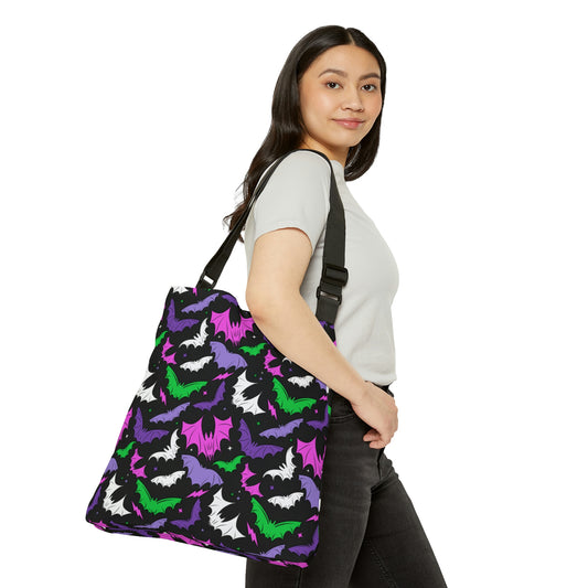 Batty Bats 2023 Black Multi Purple, Magenta, Green Adjustable Tote Bag (AOP)