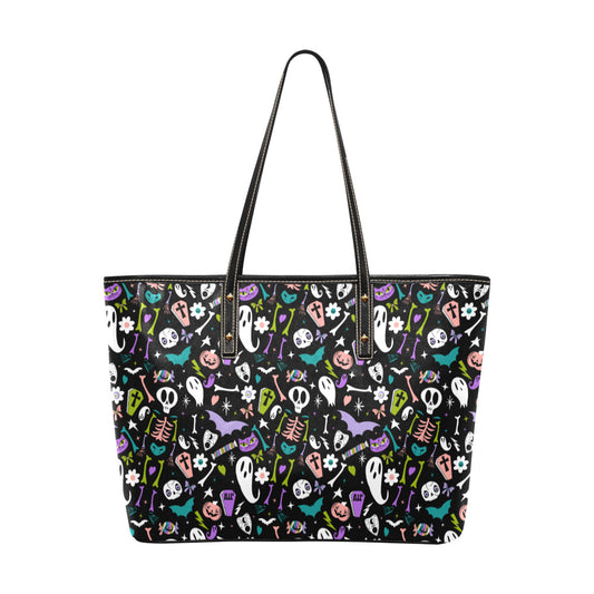 Cotton Candy Creeps Black, White, Pink, Purple, Chartreuse, Turquoise Spooky Faux Leather Tote Bag